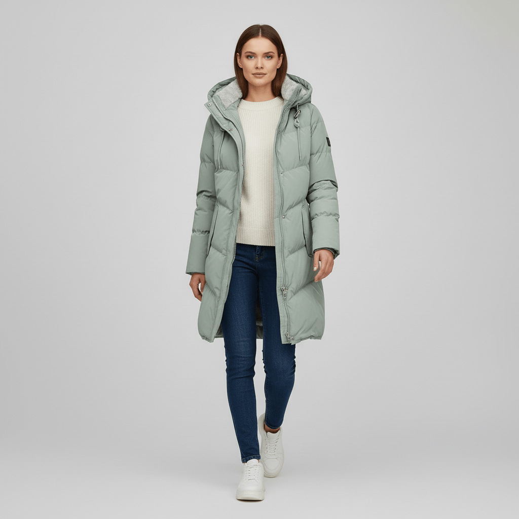 Dames winterparka, vooraanzicht, met rits, knopen en praktische zakken. Warme en stijlvolle bovenkleding.