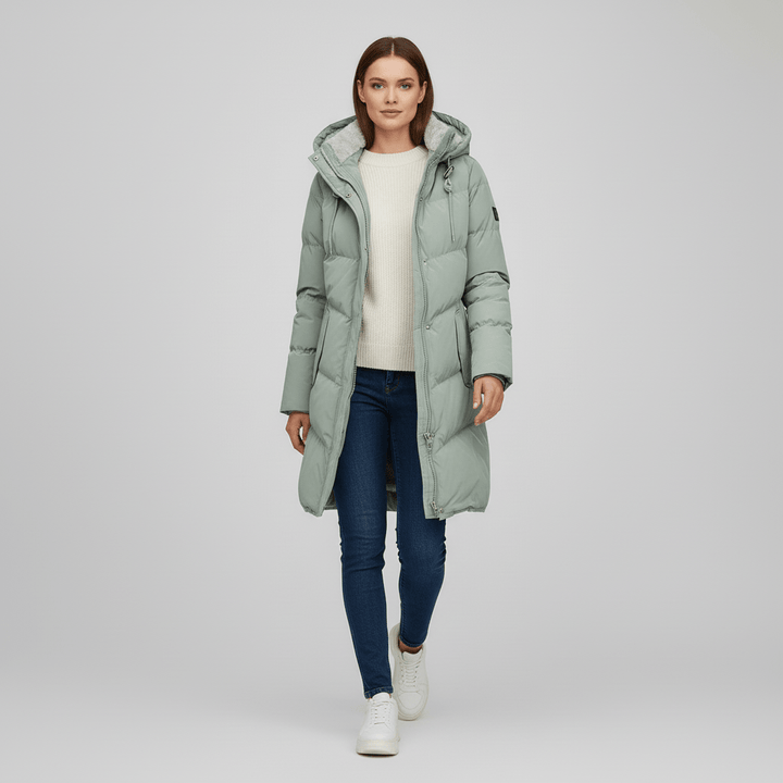 Dames winterparka, vooraanzicht, met rits, knopen en praktische zakken. Warme en stijlvolle bovenkleding.