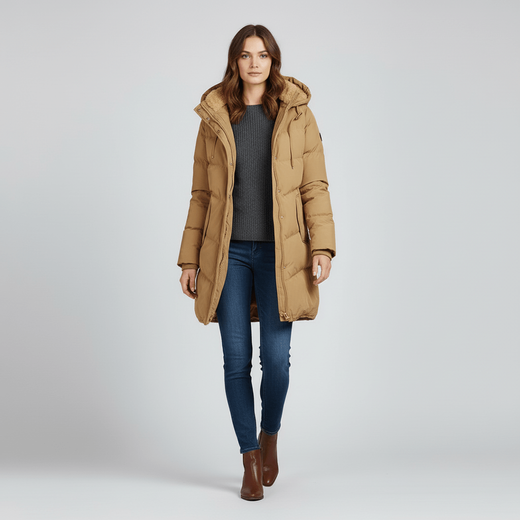 Achterkant van stijlvolle dames winterparka met capuchon. Getailleerd design voor een vrouwelijke winterjas.