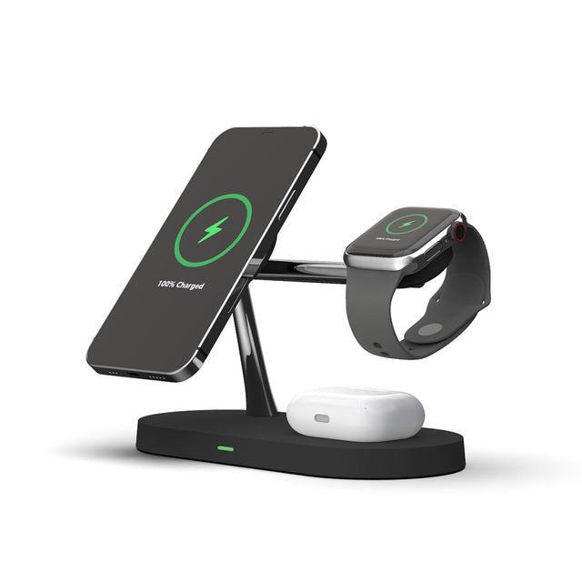 Zwart 3-in-1 draadloos laadstation voor snel opladen van smartphone, smartwatch en AirPods. Qi-compatibel.