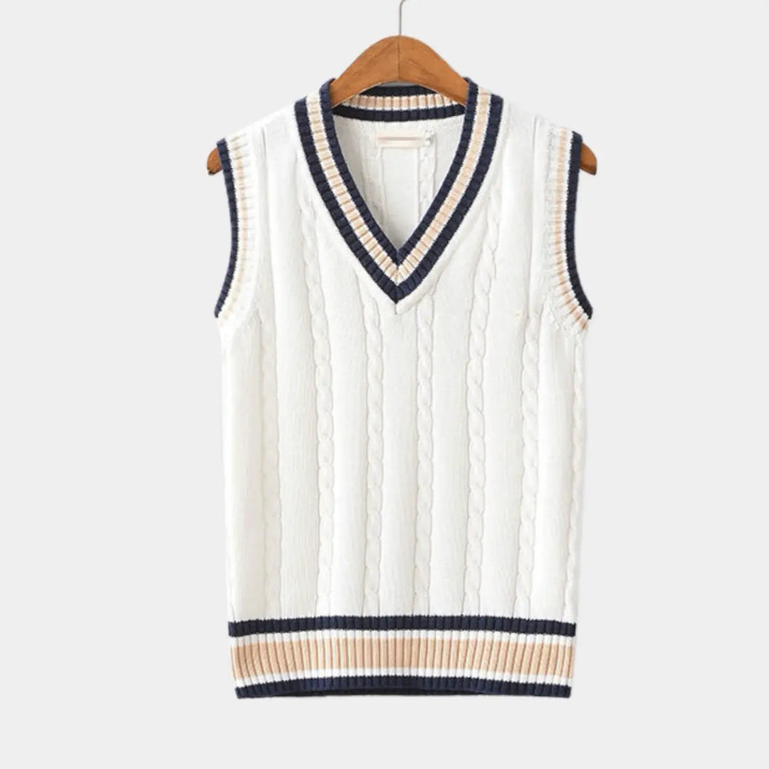 Dames sportieve V-hals sweater vest in college stijl. Tijdloos mouwloos vest, perfect voor casual laagjes.