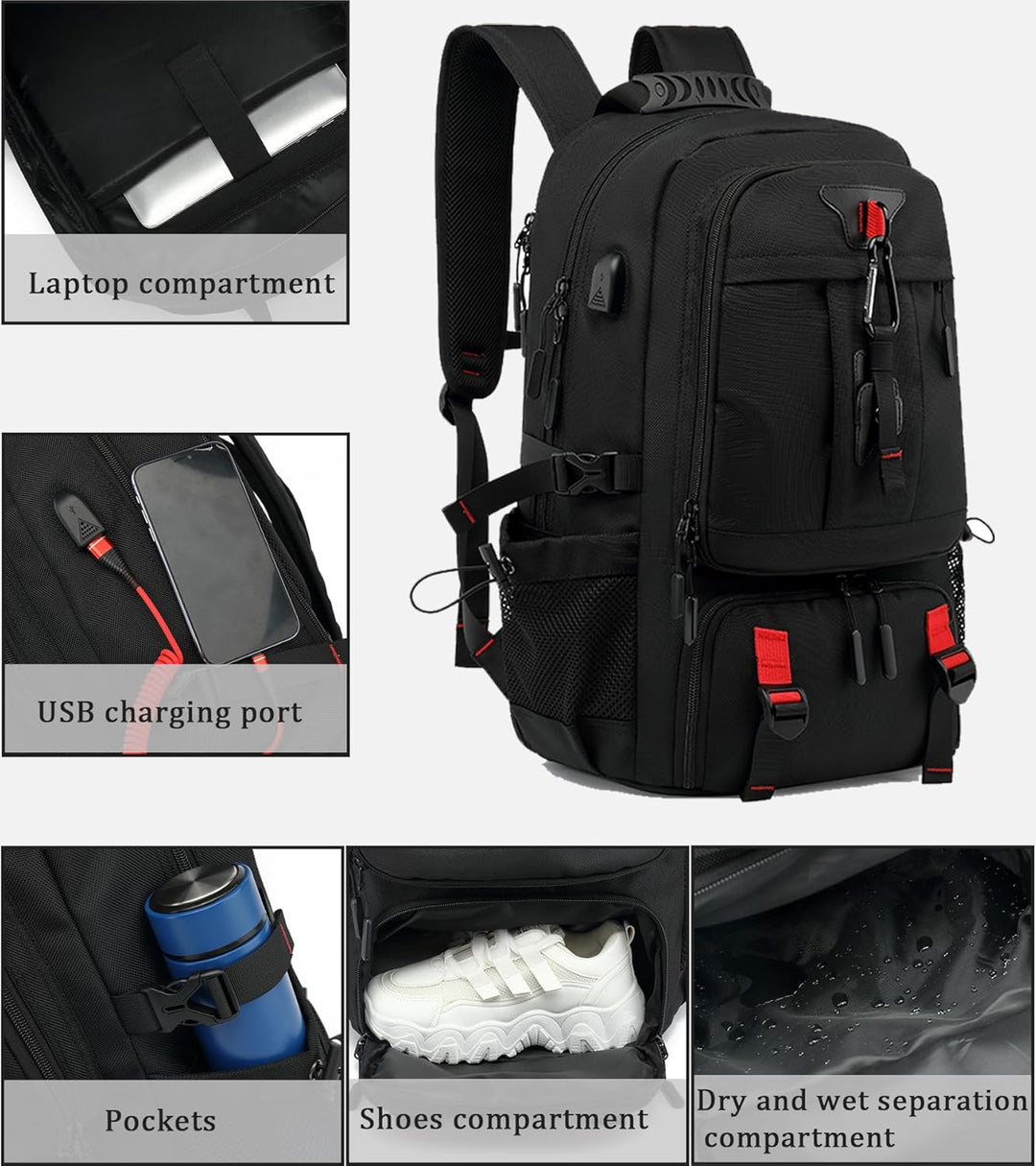 TravelMax 60L waterdichte reisrugzak, unisex model, met meerdere vakken voor bagage en laptop.