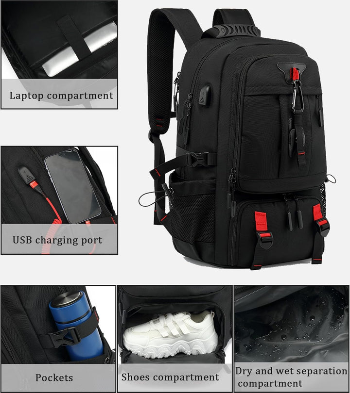 TravelMax 60L waterdichte reisrugzak, unisex model, met meerdere vakken voor bagage en laptop.