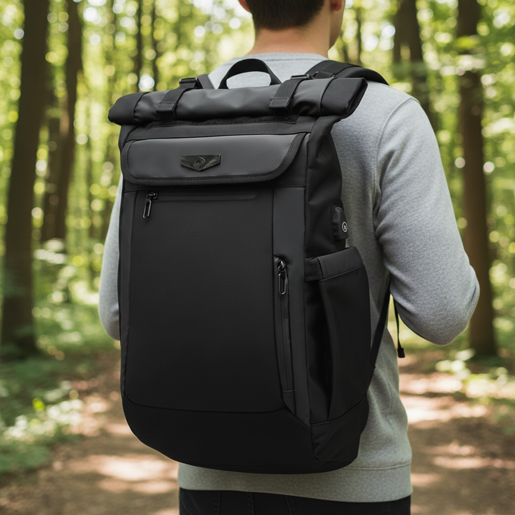 Zwarte waterdichte reisrugzak (50L) voor dagelijks gebruik & reizen, met laptopvak. Comfortabel & georganiseerd.