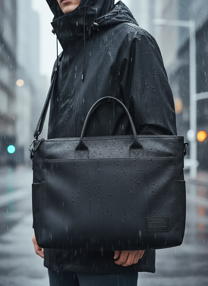 Zwarte weerbestendige laptoptas van waterdicht materiaal, ideaal voor werk en dagelijks gebruik.