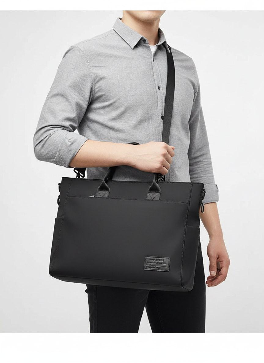 Weerbestendige zwarte schoudertas, aktetas en laptoptas, stijlvol en praktisch voor elk moment.