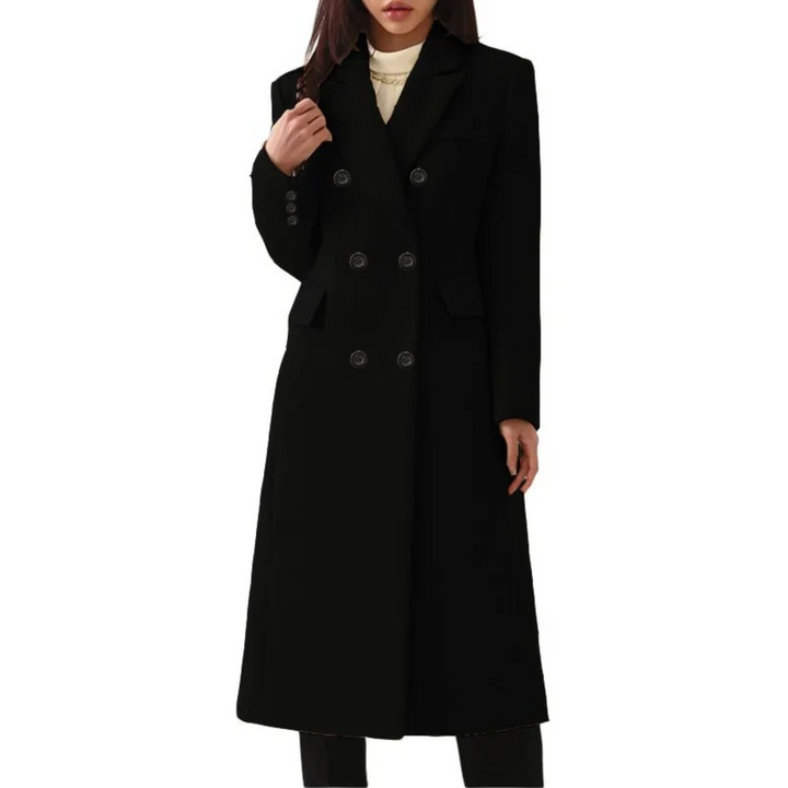 Elegante lange damesjas Elise. Hoogwaardige wollen winterjas met stijlvolle dubbele kraag voor dames.