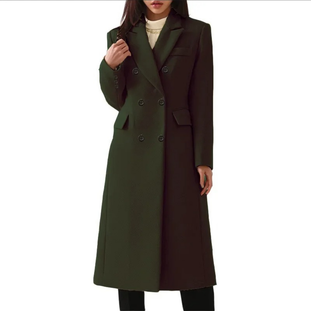 Dames wollen lange winterjas met dubbele kraag. De perfecte warme en elegante mantel voor koude dagen.