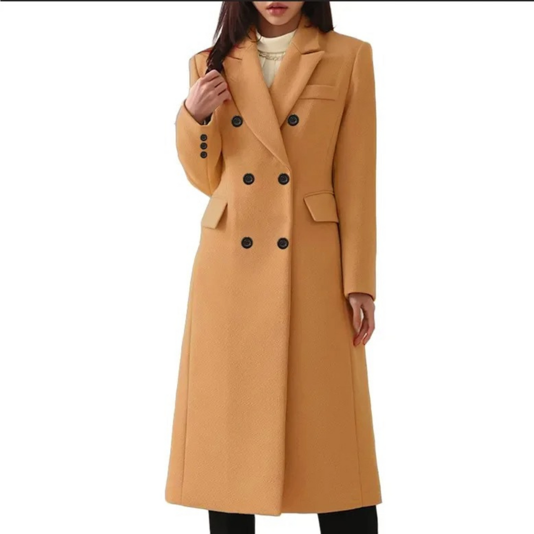 Lange wollen dames winterjas Elise met dubbele kraag. Elegante en warme mantel voor klassieke stijl.