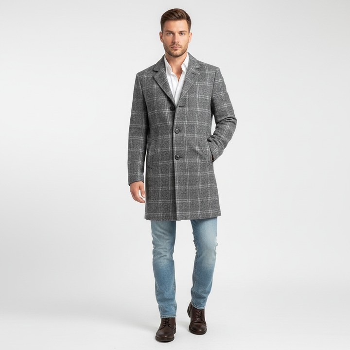 Klassieke heren wollen mantel met ruitpatroon, perfecte bovenkleding die warmte en elegantie biedt.