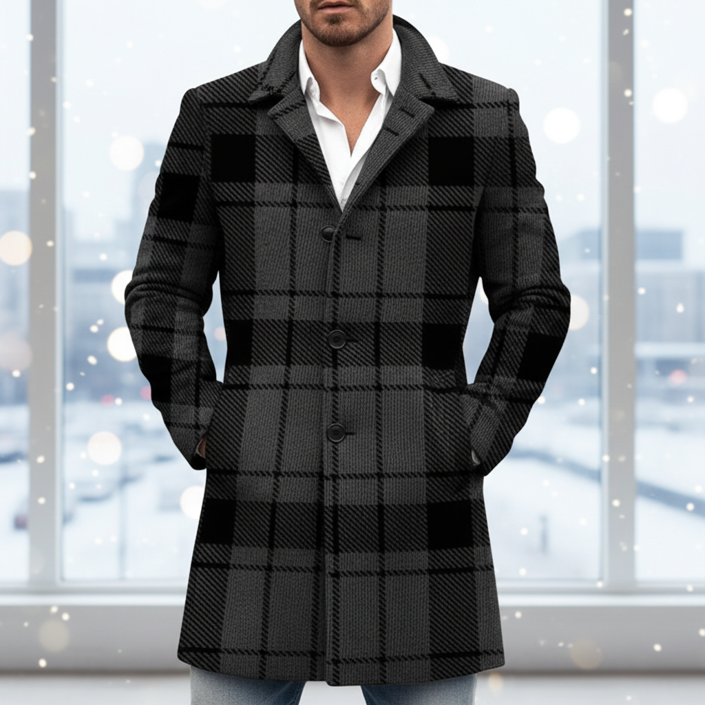 Heren wollen mantel met klassiek ruitpatroon; een warme, elegante winterjas voor diverse gelegenheden.