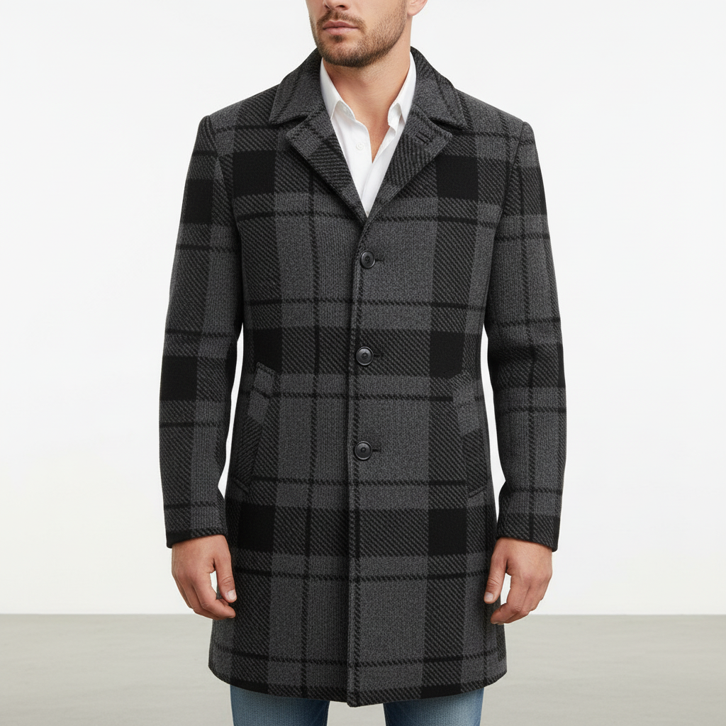 Elegante heren winterjas met tijdloos ruitdessin, ideaal voor zakelijke en casual herenkleding.