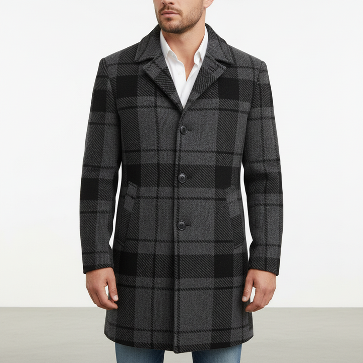 Elegante heren winterjas met tijdloos ruitdessin, ideaal voor zakelijke en casual herenkleding.