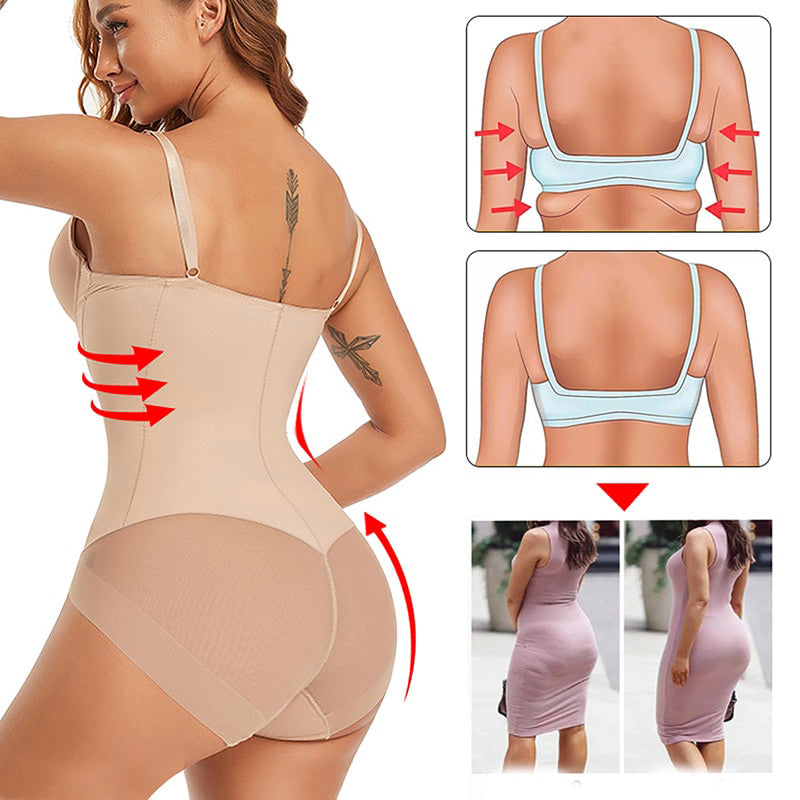 Naadloze beige dames shapewear bodysuit, Élise, met V-hals; biedt afslankende en ondersteunende eigenschappen.