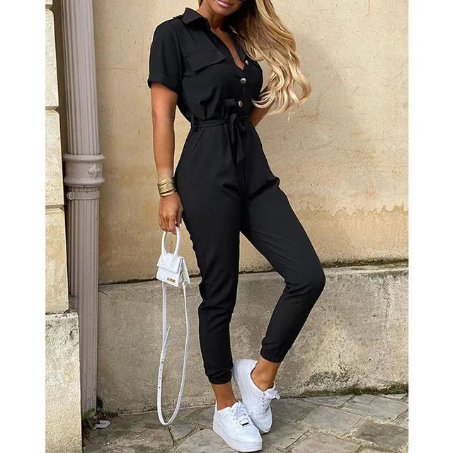 Dames getailleerde jumpsuit met verstelbare tailleband en korte mouwen, elegant en comfortabel voor zomer & lente.