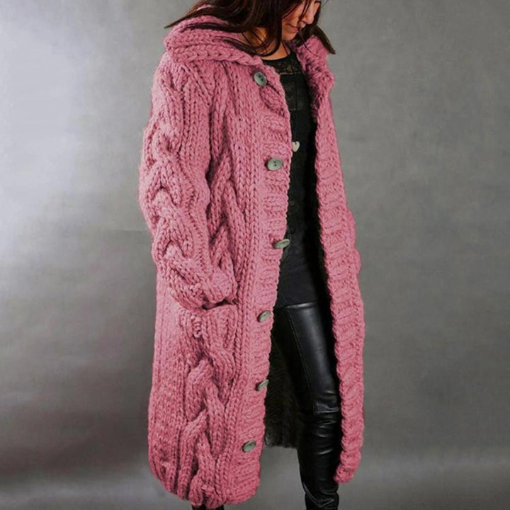 Zachte gebreide damesjas met lange mouwen in roze. Comfortabel en warm, ideaal voor elk seizoen.