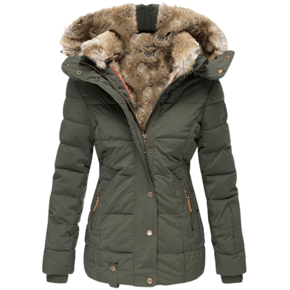 Elegante dames winterjas met slanke pasvorm en luxe imitatiebont kraag, perfect voor modieuze vrouwen.