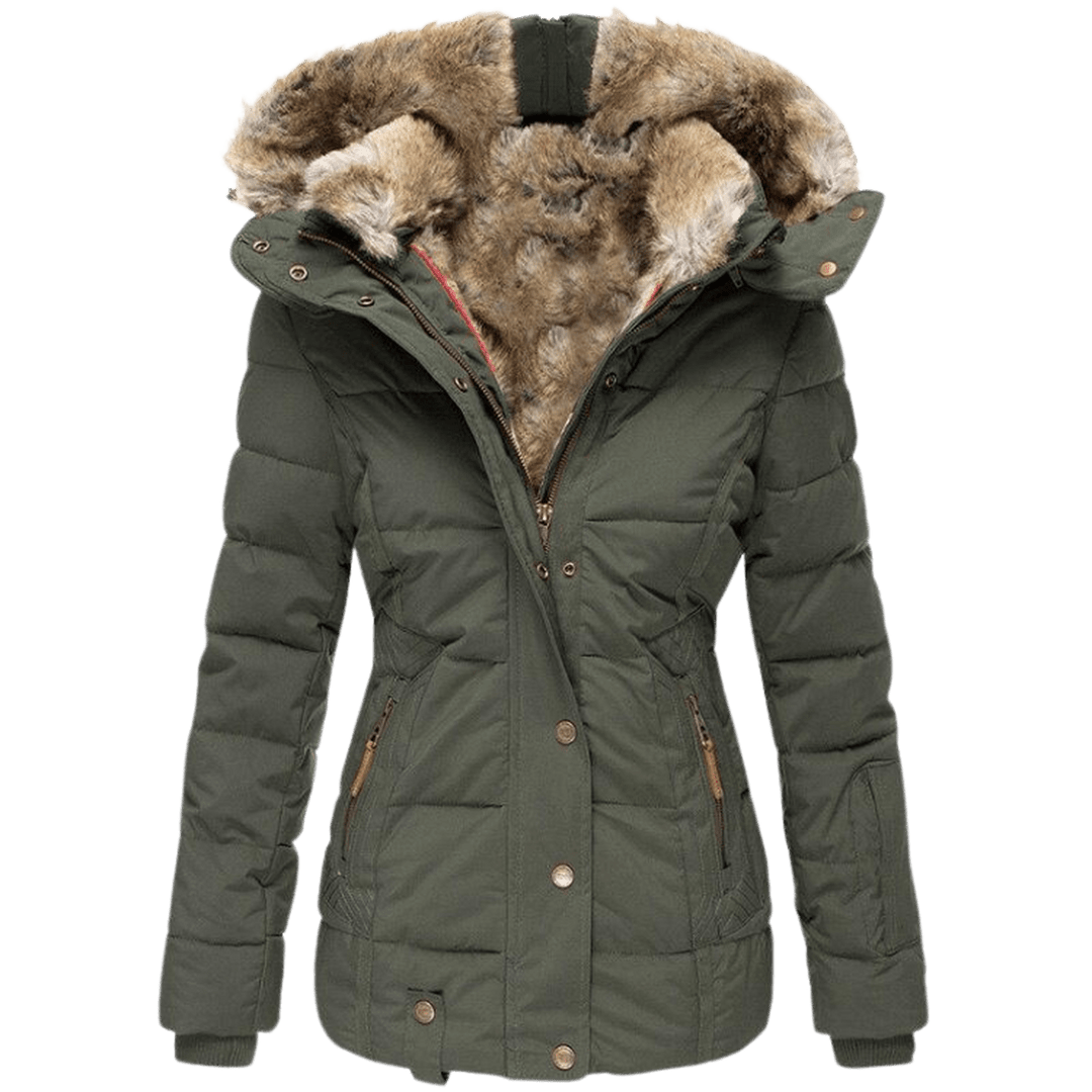Elegante dames winterjas met slanke pasvorm en luxe imitatiebont kraag, perfect voor modieuze vrouwen.