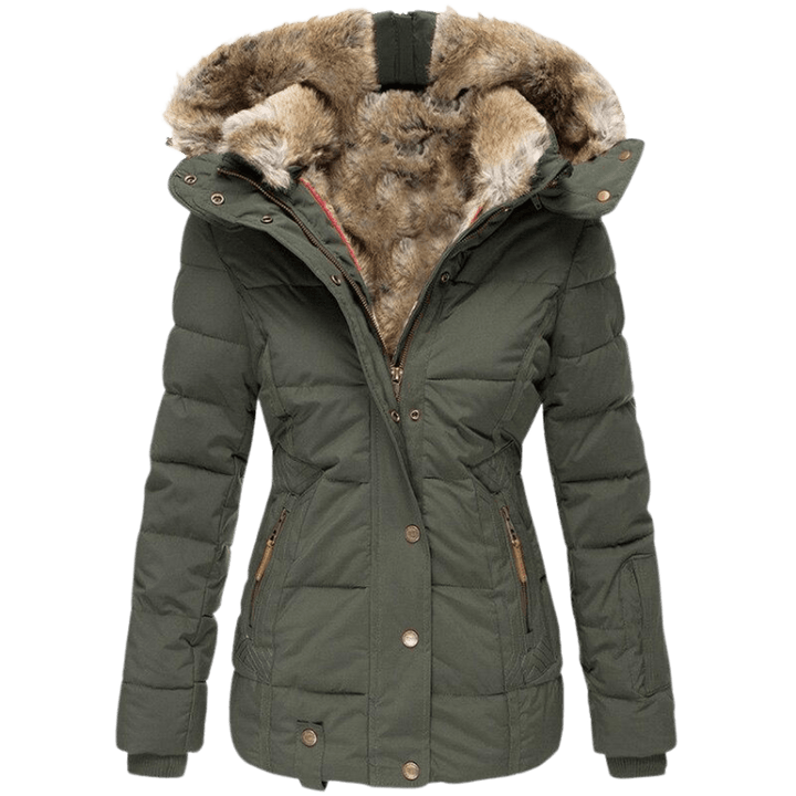Elegante dames winterjas met slanke pasvorm en luxe imitatiebont kraag, perfect voor modieuze vrouwen.