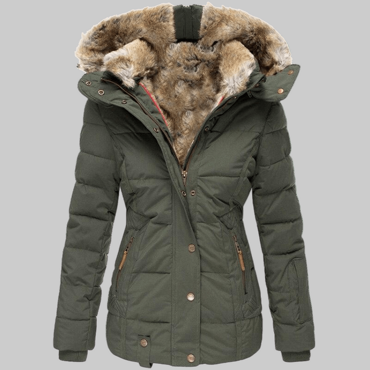 Modieuze dames winterjas met ritssluiting, handige zakken en stijlvolle imitatiebont afwerking.