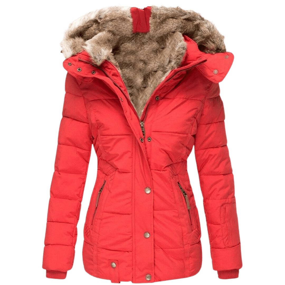 Comfortabele damesjas van zacht materiaal met warme voering en chic imitatiebont aan de capuchon.