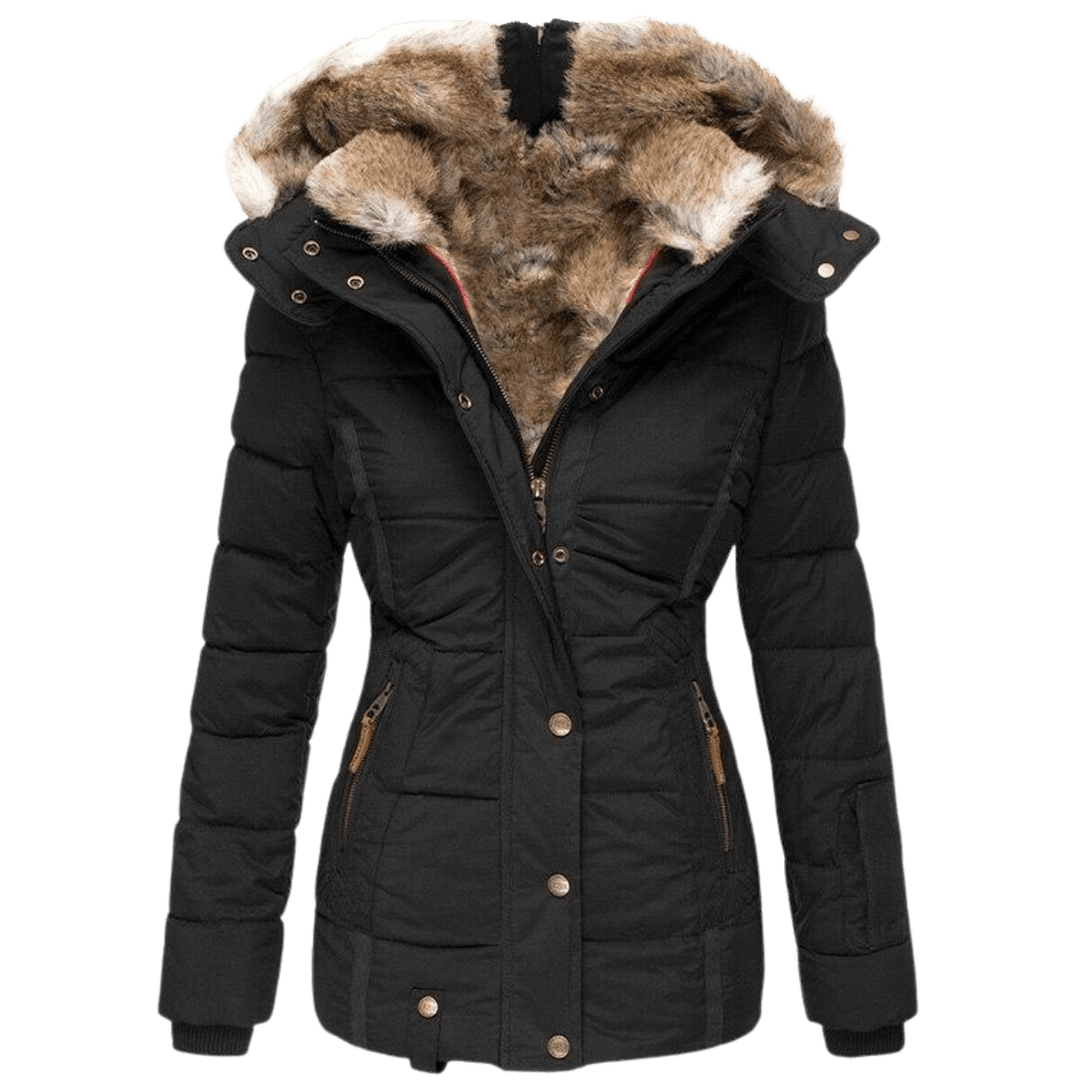 Warme dames winterjas met capuchon van imitatiebont, ideaal voor koude dagen en een stijlvolle look.