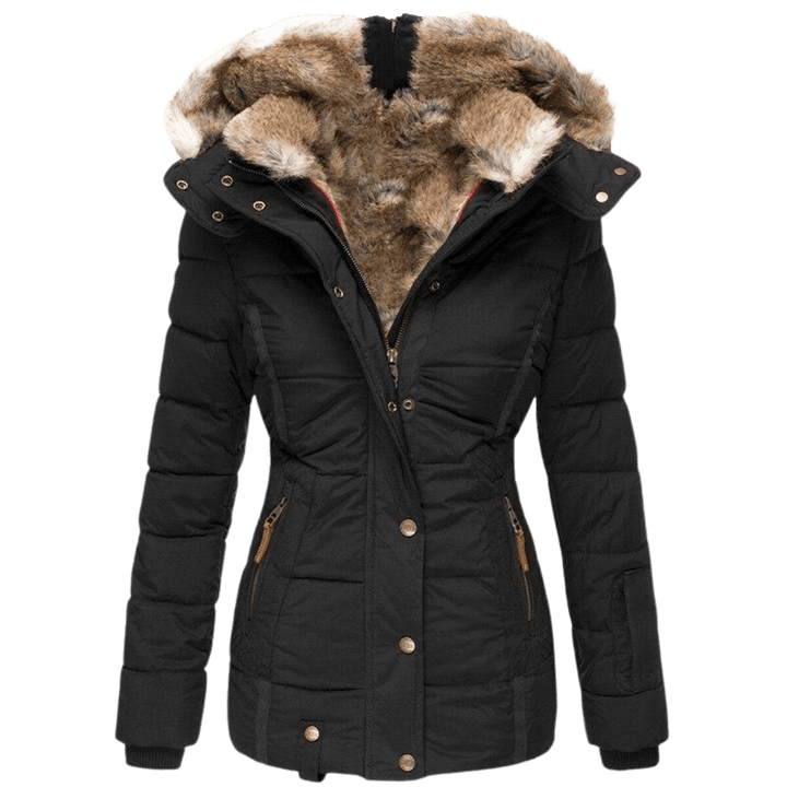 Warme dames winterjas met capuchon van imitatiebont, ideaal voor koude dagen en een stijlvolle look.
