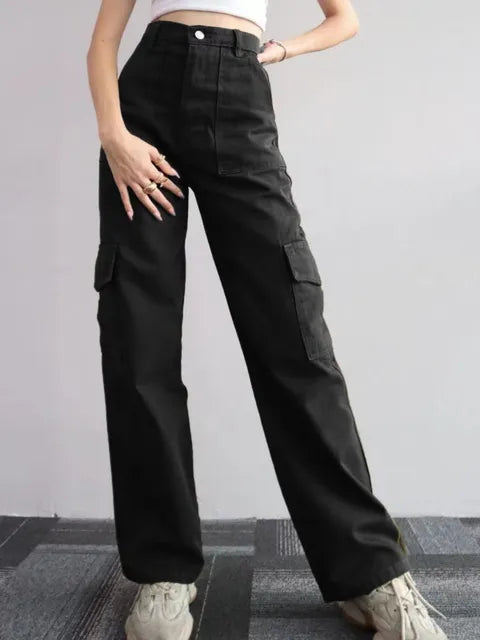 Trendy dames urban wijde pijpen cargo jeans, comfortabele pasvorm, modieus voor casual streetwear.