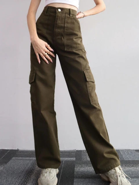 Dames wijde pijpen cargo jeans, urban stijl, comfortabel en modieus, perfecte broek voor streetwear.