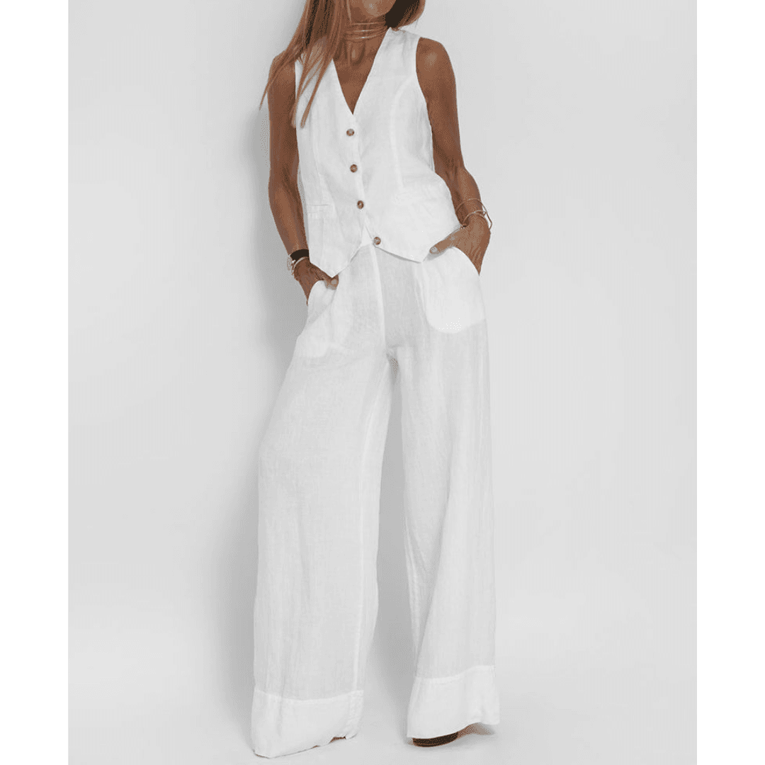 Stijlvol dameskleding pak met blazer en broek, perfect voor een chique en zakelijke uitstraling.