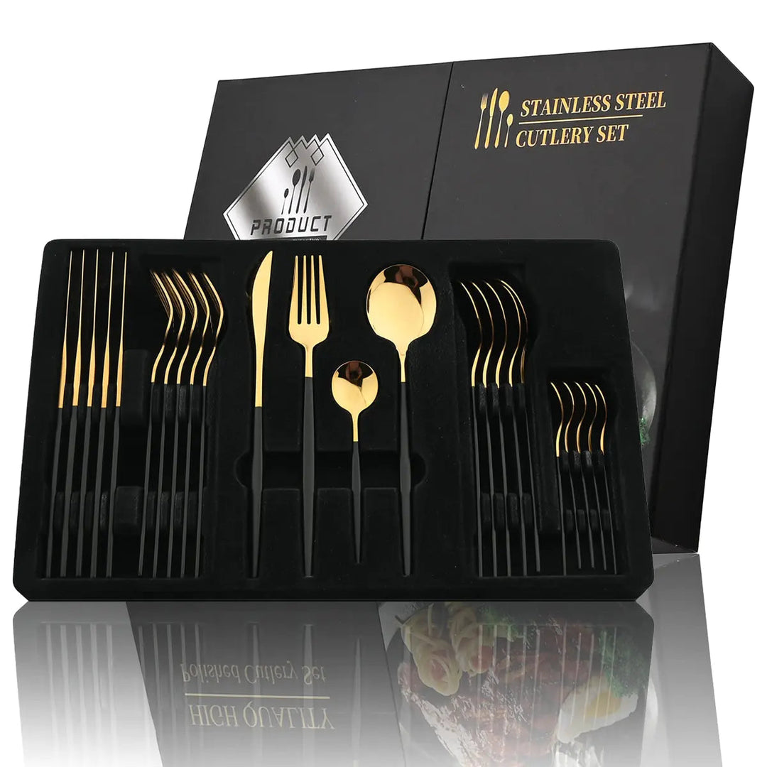 Gouden 24-delige RVS bestekset Aurinox, ideaal voor een luxe dinerset met modern design.