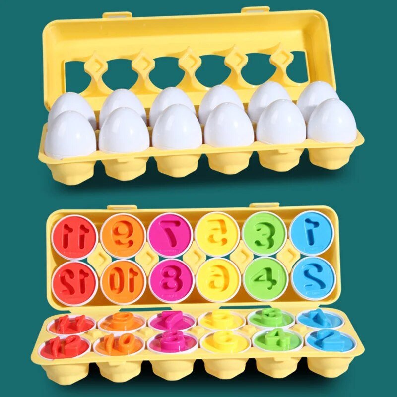 Dinosaurussen, voertuigen en fruit vormen op educatieve eieren om kinderen te leren over kleuren en matchen.