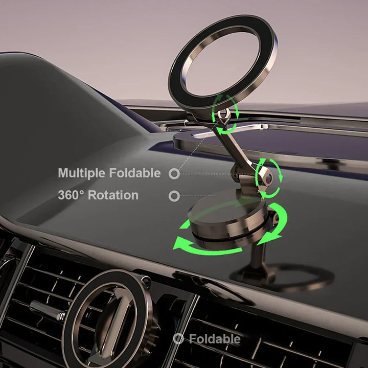 Compacte, verstelbare magnetische telefoonhouder voor auto, 360° opvouwbaar, veilig voor smartphone.