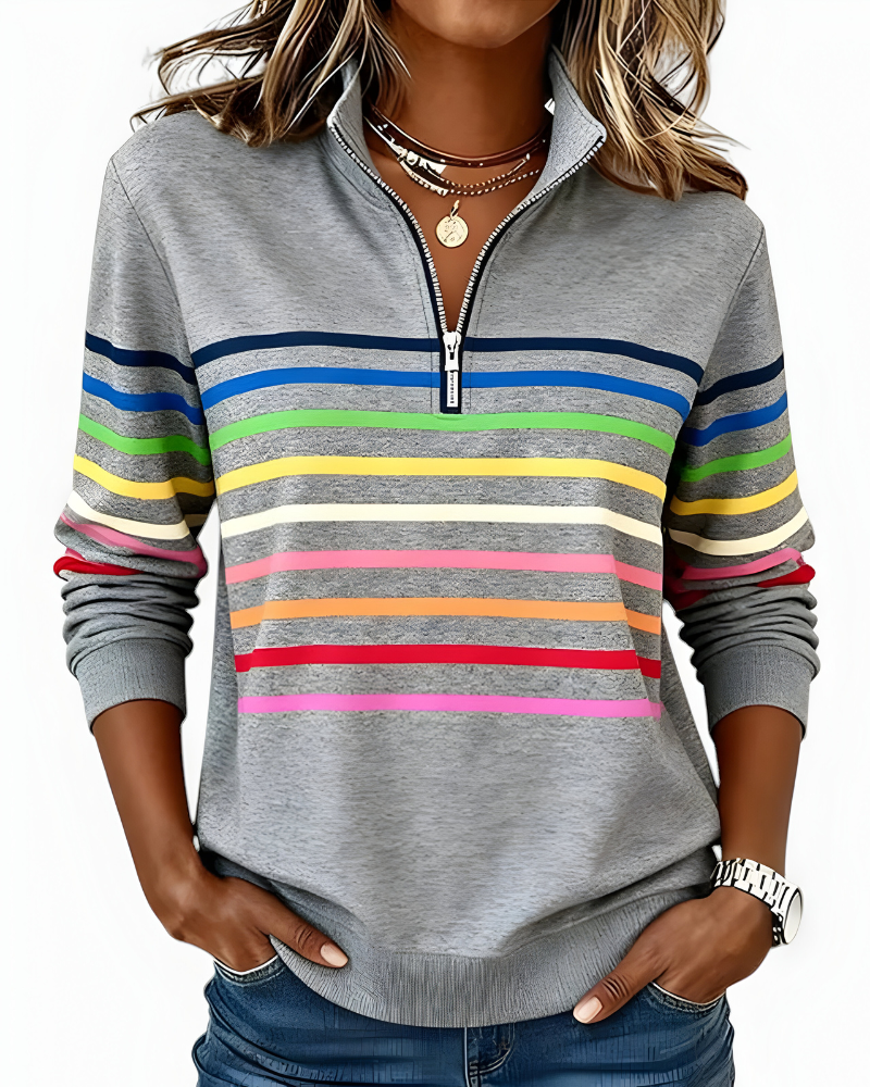 Warme dames sweater met strepen en ritssluiting, perfect voor koelere dagen en gelaagde mode.