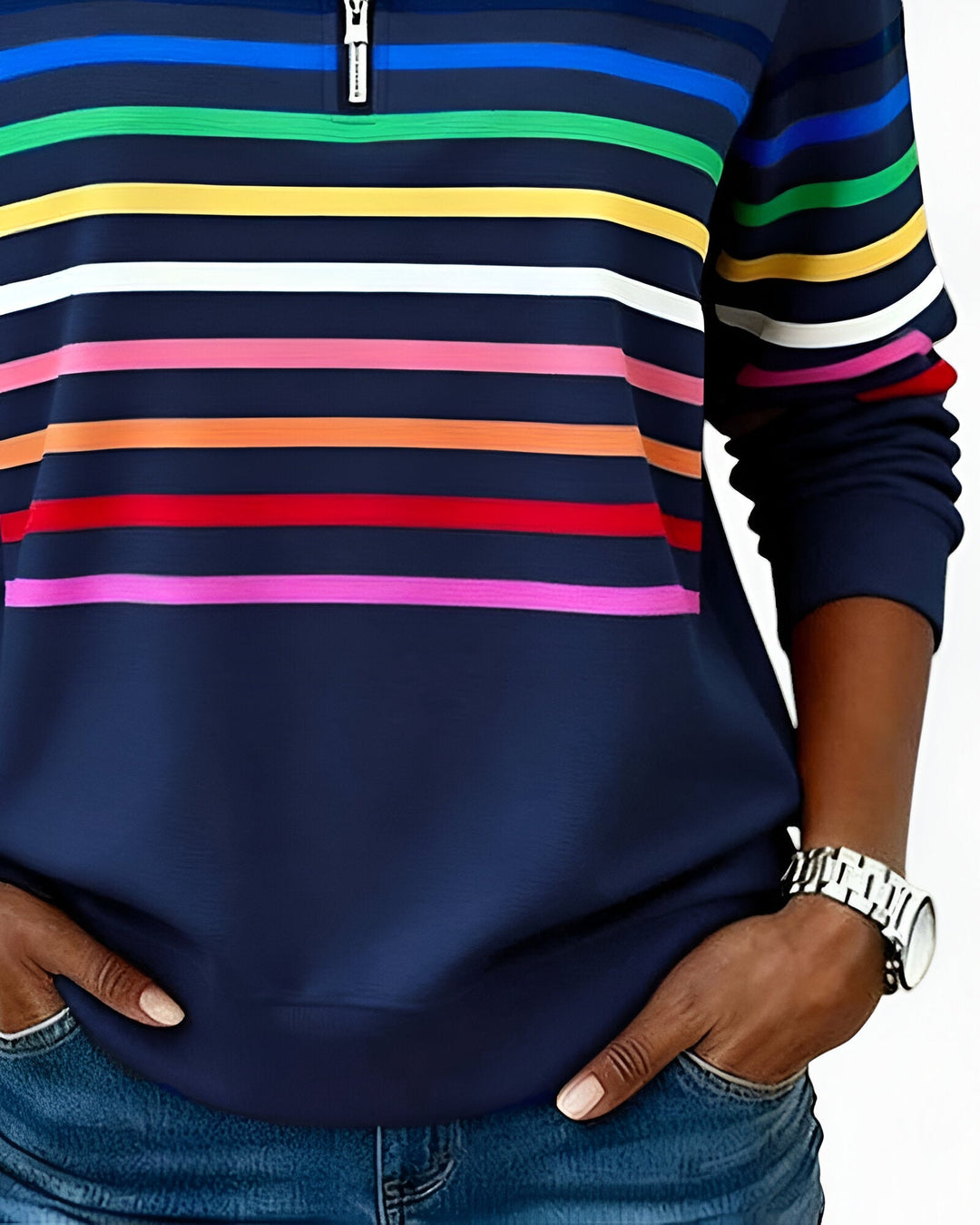Stijlvolle gestreepte dames trui met ritssluiting, perfect voor casual outfits of gelaagde looks.
