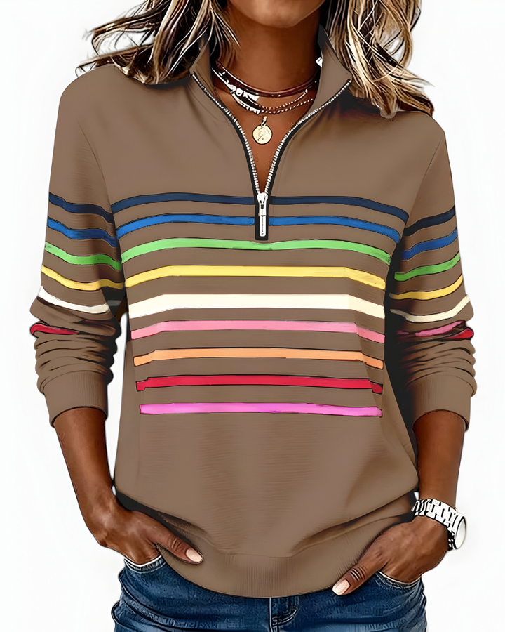 Trendy dames zip trui met gestreept patroon, comfortabel en modieus voor elke gelegenheid.