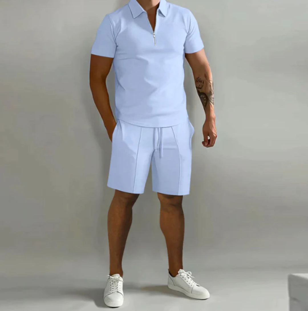 Ademende heren zomer sportset Dario: zachte polo met korte mouwen en bijpassende shorts voor sport & loungewear.