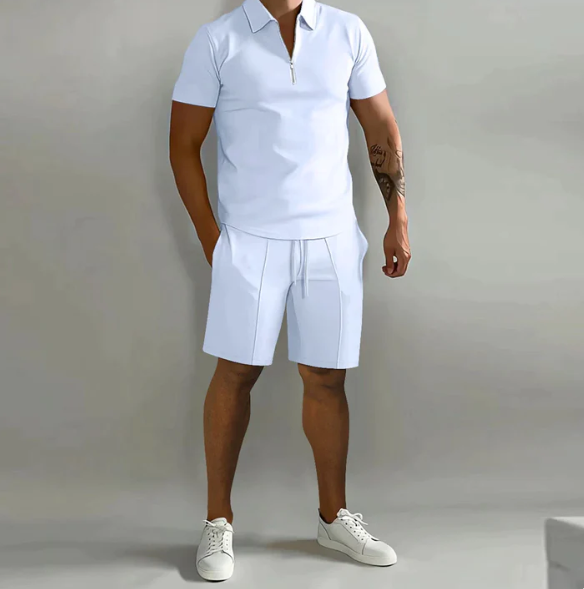 Heren sportset Dario: complete zomeroutfit met trendy polo met rits en comfortabele shorts voor heren.