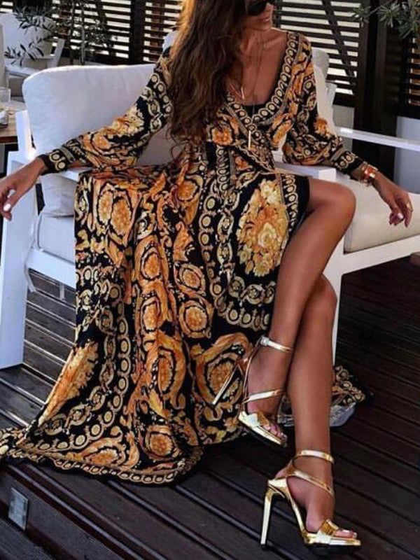 Boho dames wikkeljurk, lange zomerjurk met split en v-hals. Comfortabele maxi jurk met lange mouwen.