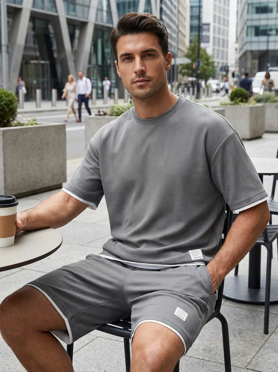 Zwarte heren zomer set: relaxed fit T-shirt en short met stijlvolle contrastbies. Perfect voor streetwear.