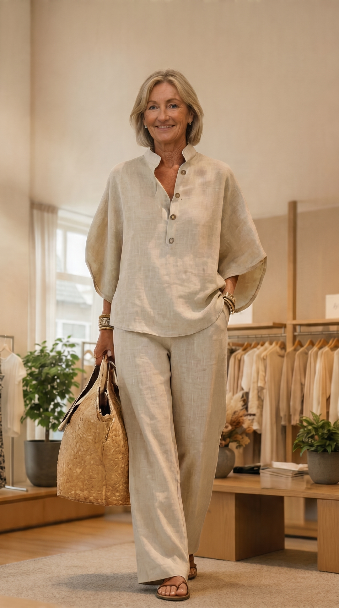 Losvallende zomer set voor dames met wijde broek en blouse. Ideaal voor een casual linnen look.