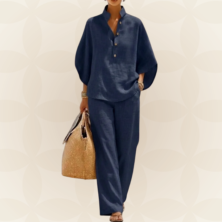 Stijlvolle linnen look dames zomer set, ontworpen voor ultiem comfort en een elegante uitstraling.
