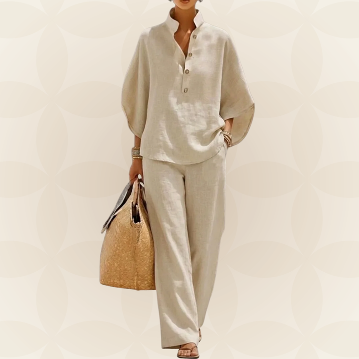 Dames zomer set linnen look met wijde broek en oversized blouse. Perfect voor lente en zomer.
