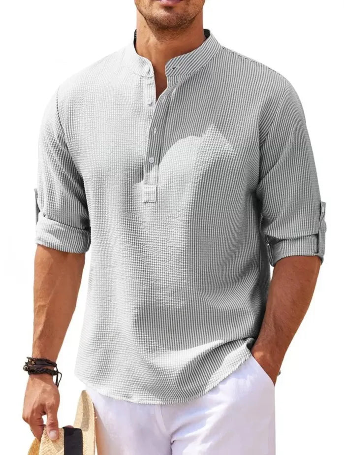Ademend heren shirt met lange mouwen en staande kraag, voor ultiem comfort en moderne flair in de zomer.