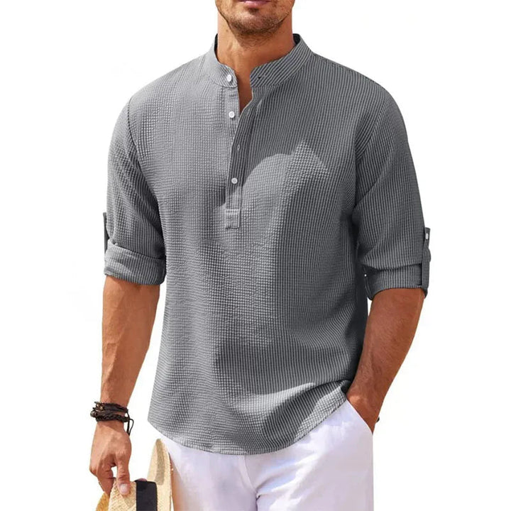 Smart casual heren overhemd met staande kraag en lange mouwen, combineert comfort met moderne elegantie.