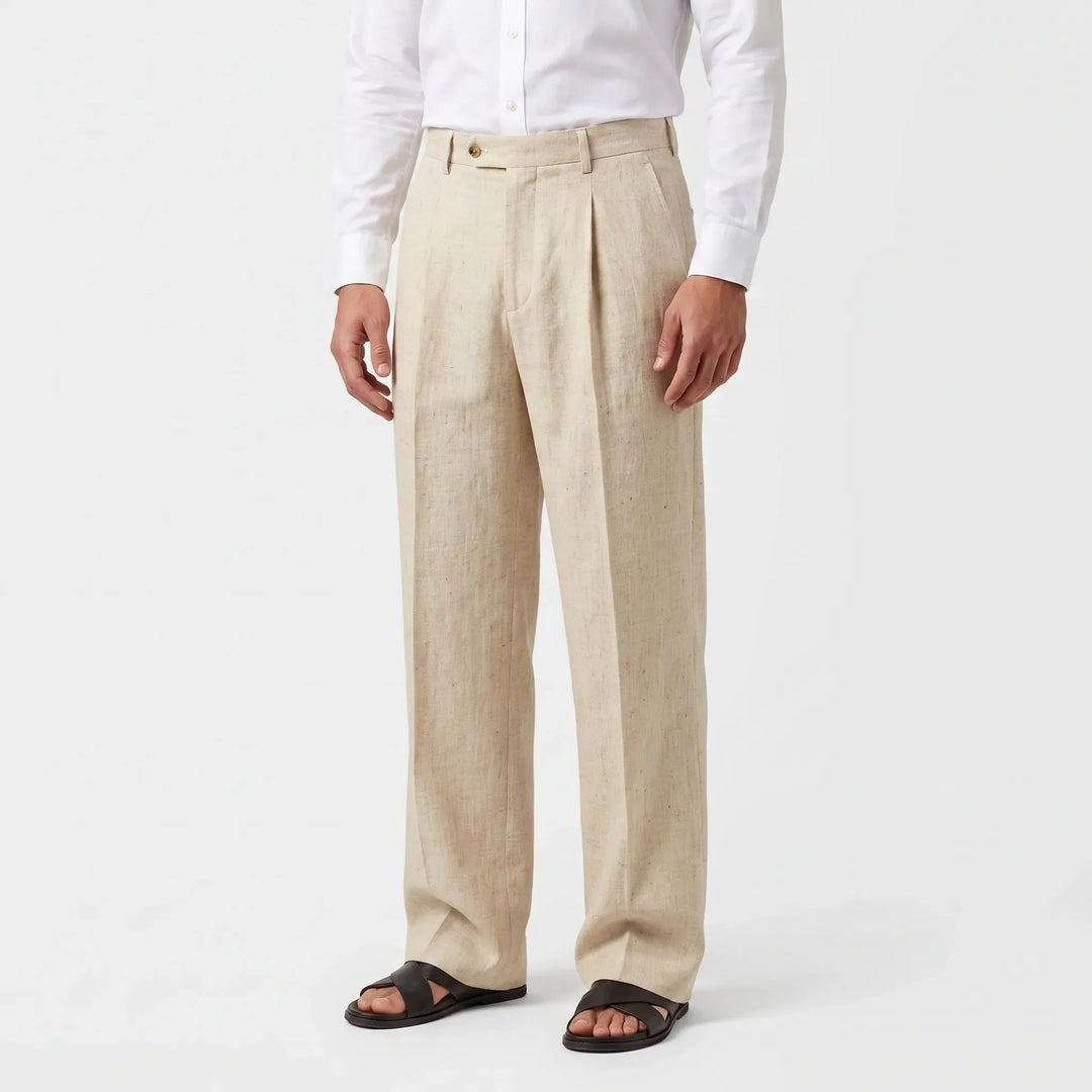 Comfortabele heren pantalon met hoge taille en wijde pijpen, ideaal voor zomerse dagen.