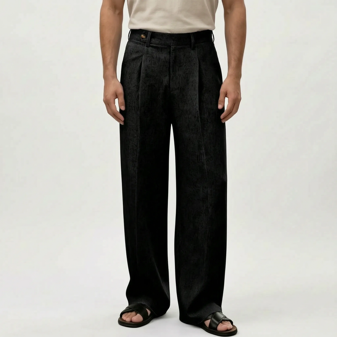 Veelzijdige heren zomerbroek met wijde pijpen, zowel casual als elegant te stylen.