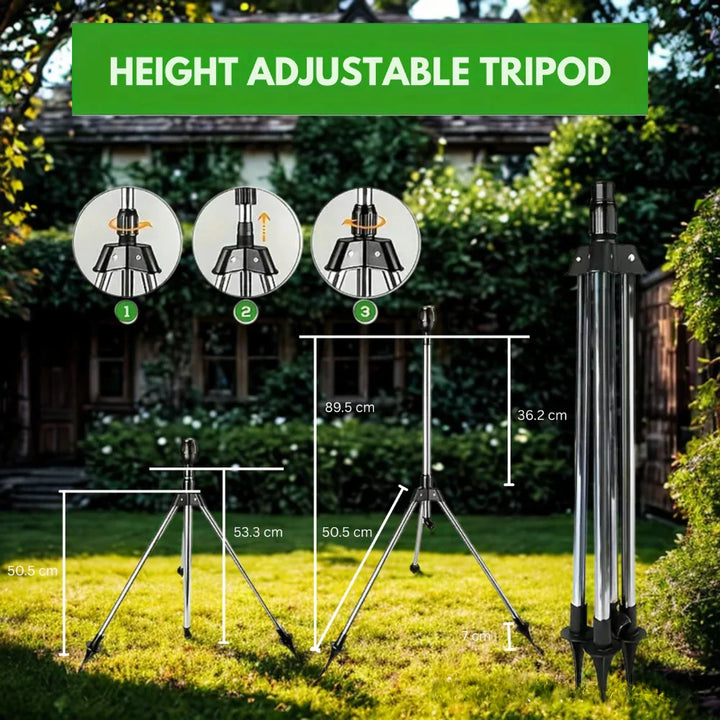 Krachtige 360° gazonsproeier van roestvrij staal op een verstelbaar statief voor complete tuinbewatering.