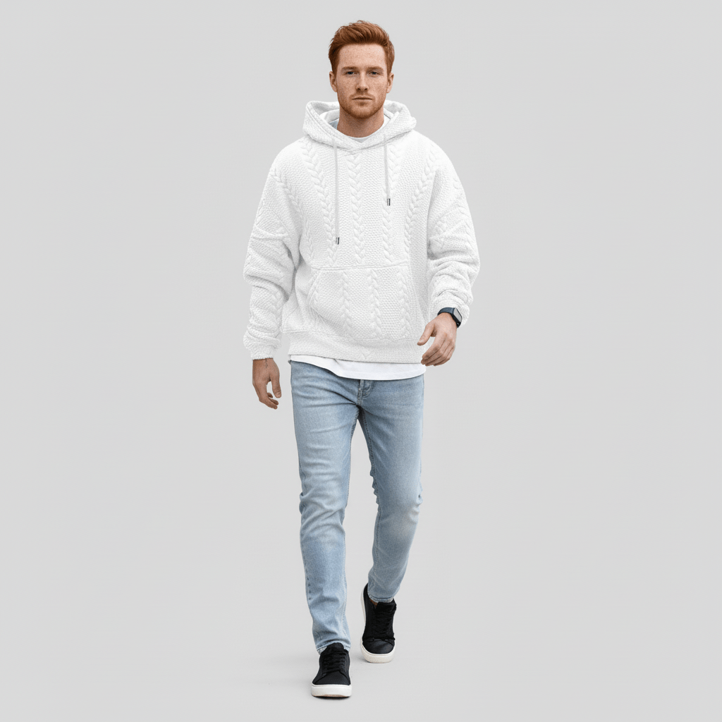 Pullover capuchontrui heren, met verfijnd kabelpatroon en optimaal draagcomfort.