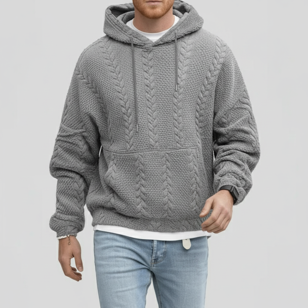 Heren trui met kabelpatroon en capuchon, de Logan collectie, voor de moderne man.